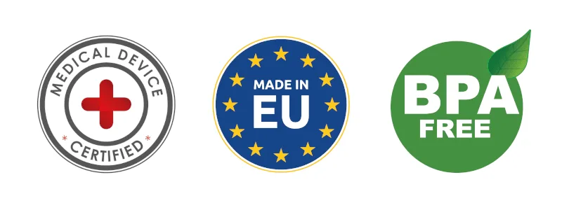 Orvostechnikai eszköz, EU-ban készült és BPA-mentes logók.